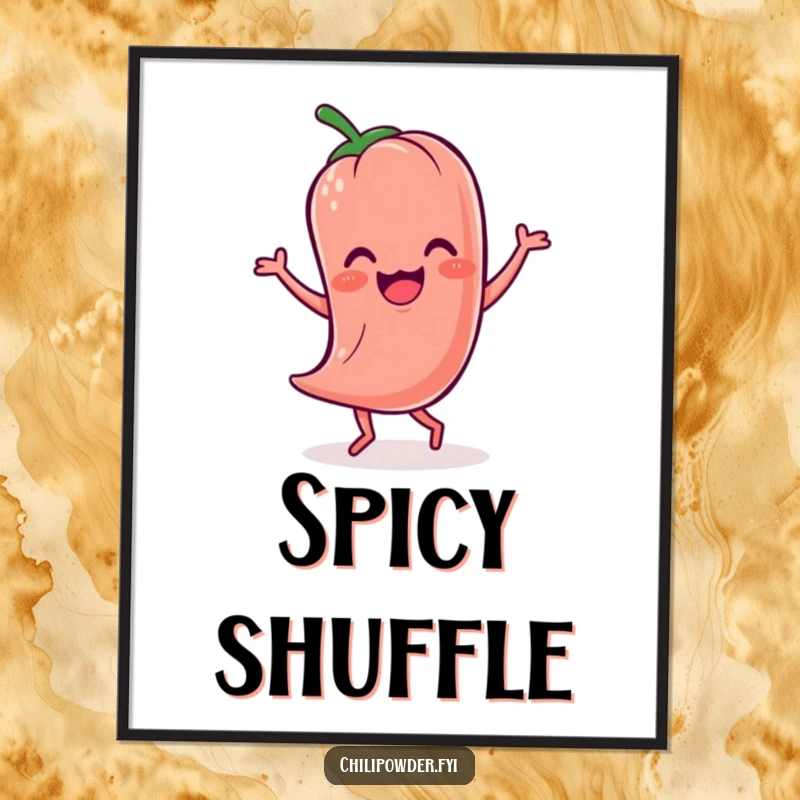 Funny Kawaii chili powder character captured mid-jig, a vibrant and humorous digital art print.