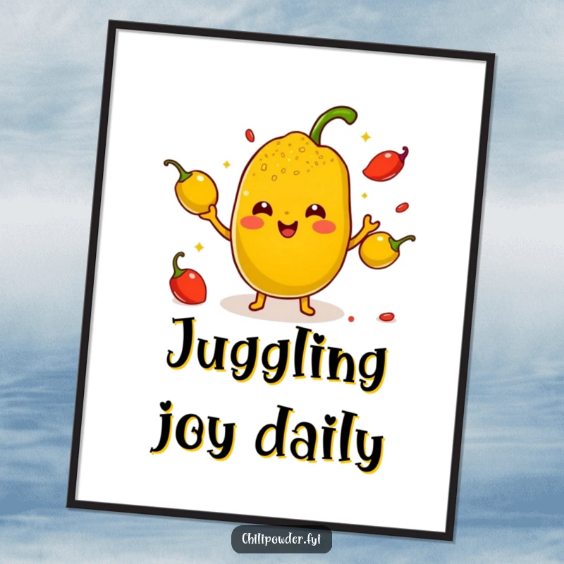 Funny Kawaii Chili Powder Digital Art Print - A cute cartoon chili powder character juggling small smiling peppers with tiny arms, perfect for spicy digital decor.