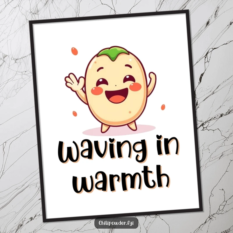 Funny Kawaii Chili Powder Digital Art Print - A cute cartoon chili powder character waving cheerfully with a big smile, perfect for spicy digital decor.