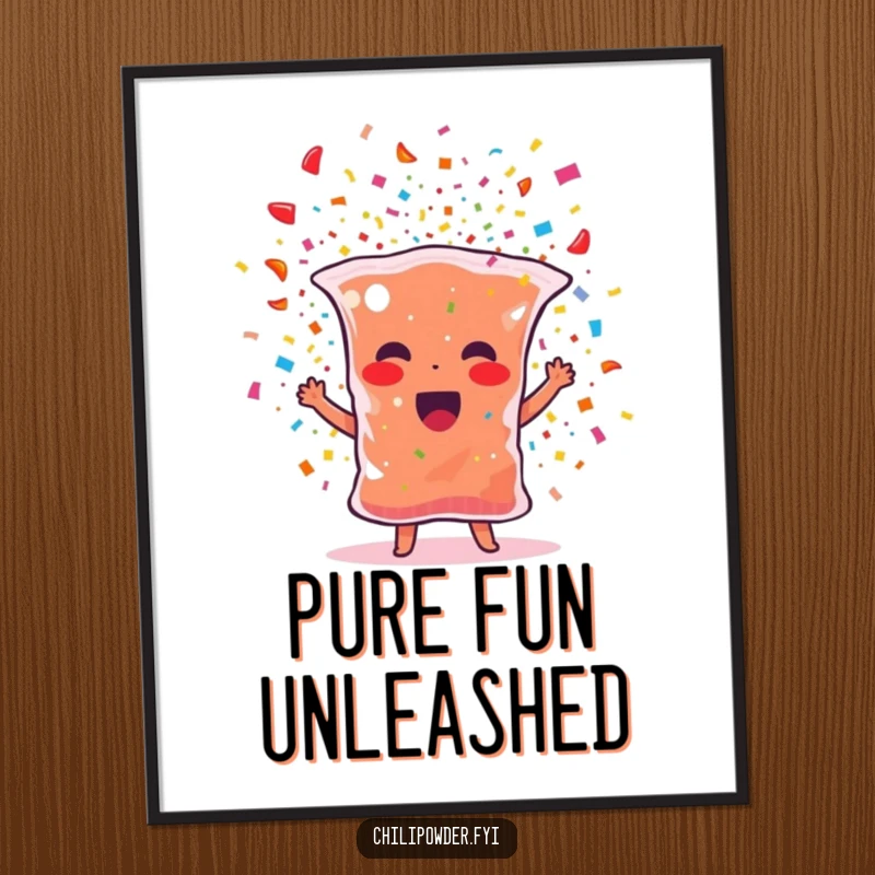 Funny party chili powder digital art print featuring a spice bag character bursting with confetti, perfect for festive decor.