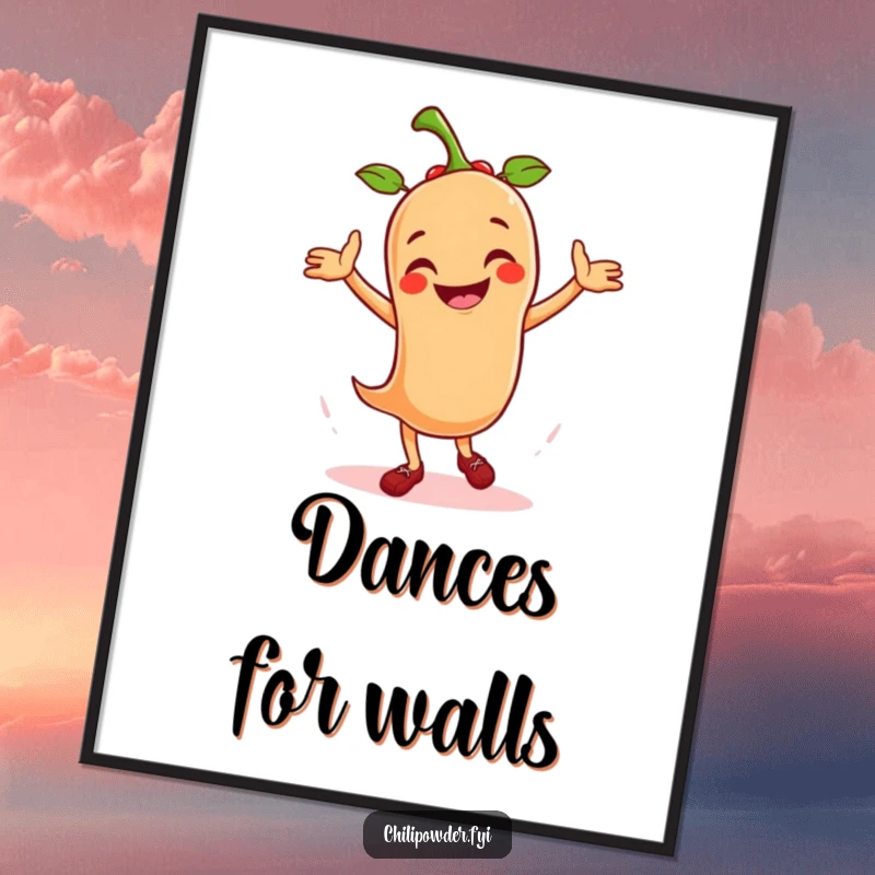 Funny digital art print of a smiling chili powder mascot in a dynamic salsa dance, bursting with spicy energy.