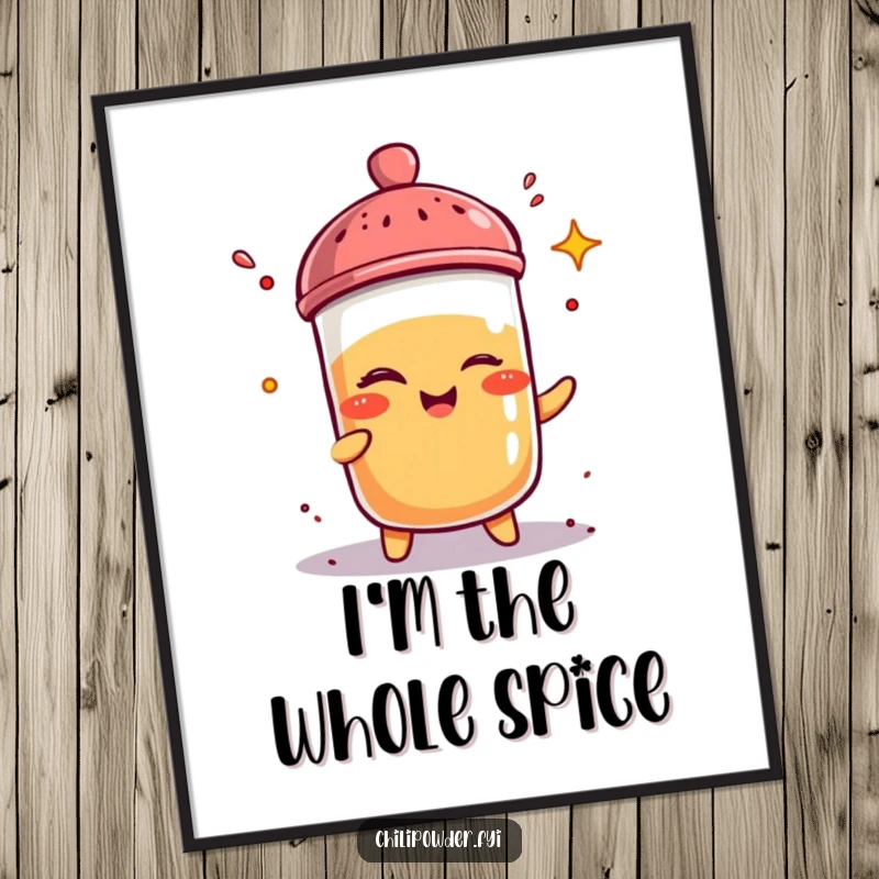 Funny kawaii chili powder shaker character winks while sprinkling spice, available as a downloadable digital art print.