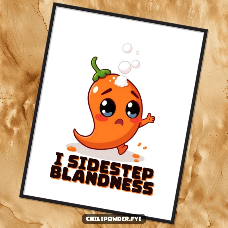 Funny chili powder character with wide, surprised eyes dodges a falling salt shaker, available as a downloadable digital art print.