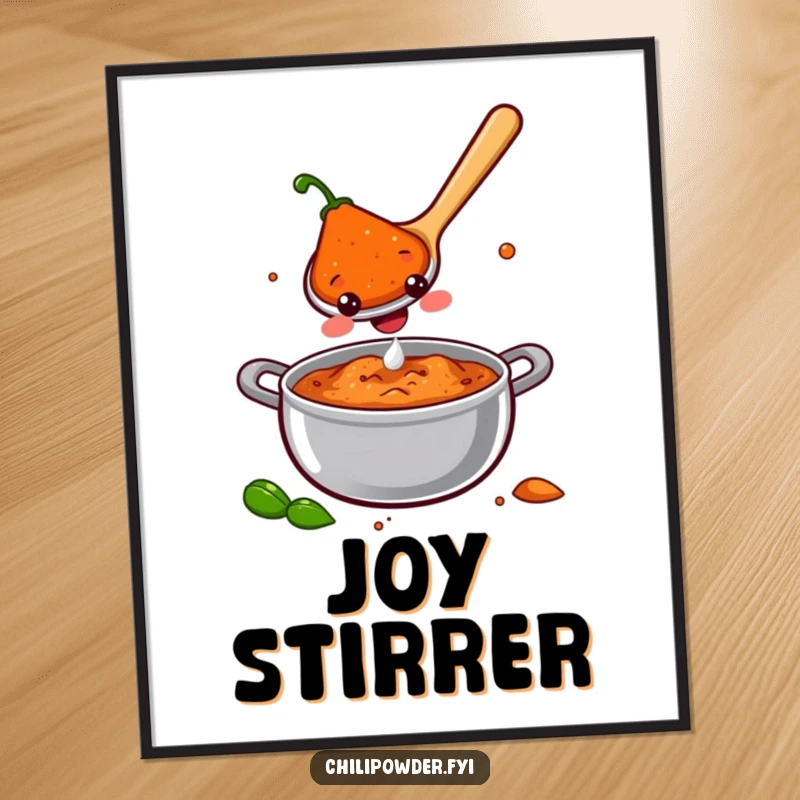 A smiling chili powder spoon stirring a pot of joy, available as a digital art print for cheerful and humorous wall decor.