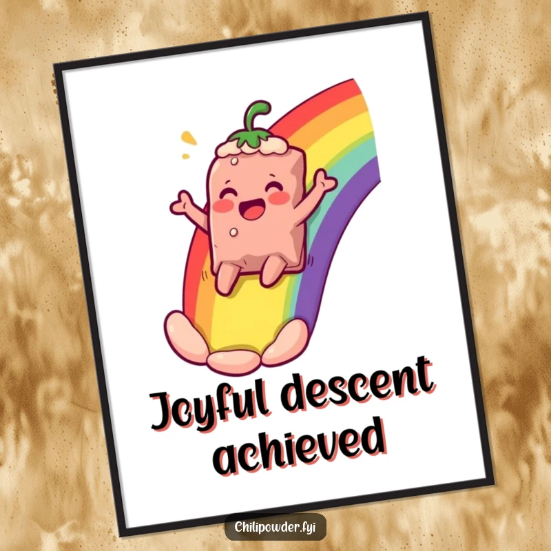 Funny chili powder bag character sliding down a rainbow, cheering comically, as a digital art print for vibrant and humorous decor.