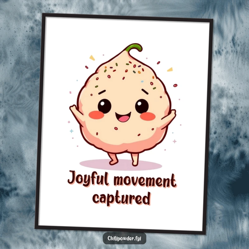 Funny chili powder puff doing a silly happy dance, surrounded by sprinkles, available as a digital art print.