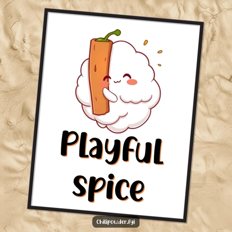 Funny Kawaii chili powder cloud playfully tickling a cinnamon stick, a humorous and charming digital art print.