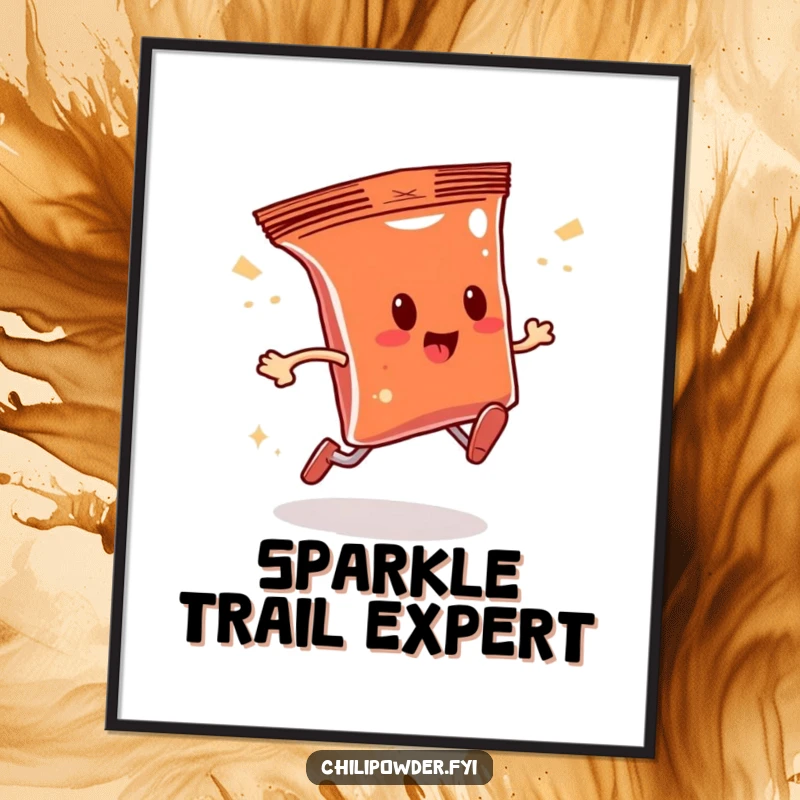 Funny chili powder bag character running with a magical sparkly trail, as a digital art print, perfect for vibrant, humorous decor.