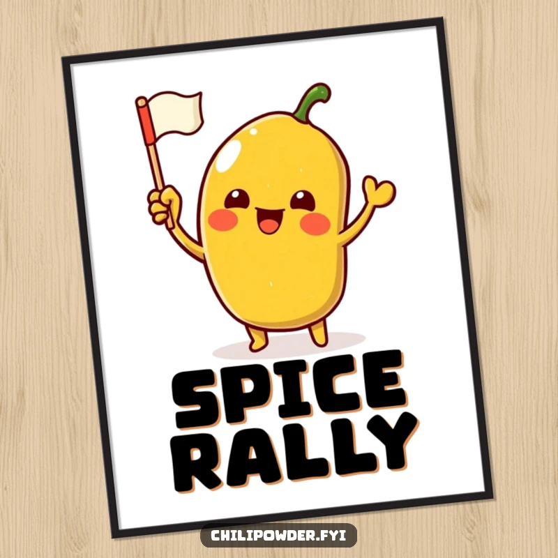 Funny Digital Art Print of an excited kawaii chili powder character waving a tiny flag, ready for printing.