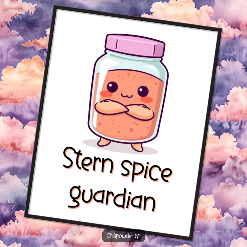 Funny Kawaii chili powder jar with crossed arms, looking stern, digital art print for playfully disciplined decor.