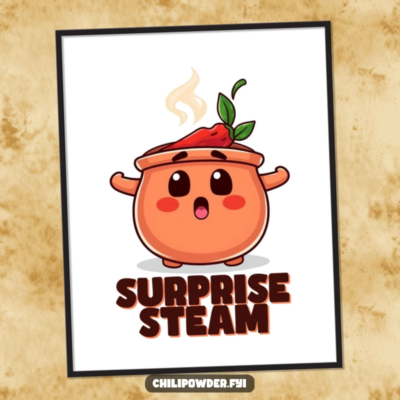 Funny digital art of a chili powder pot character with a surprised expression and steam, ready for instant download and display.