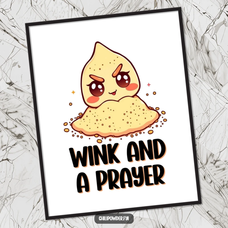 Funny chili powder digital art print of a mischievous winking character with googly eyes, perfect for humorous decor.