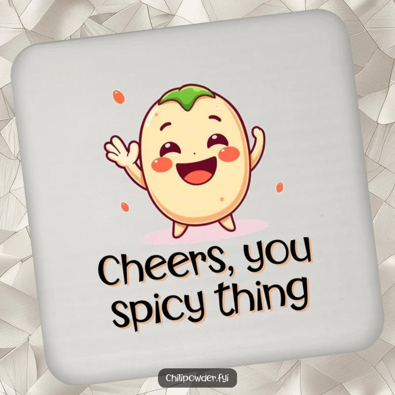 Funny Kawaii Chili Powder Coaster - A cute cartoon chili powder character waving cheerfully with a big smile, perfect for spicy home decor.