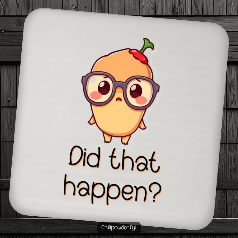 Funny Kawaii Chili Powder Coaster: A surprised kawaii chili character in oversized glasses, adding cute humor to drink coasters.
