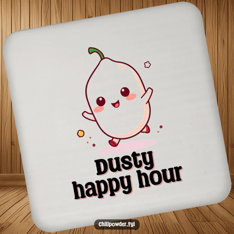 Funny kawaii chili powder doing a playful hop with a puff of dust, protecting surfaces with energetic style.