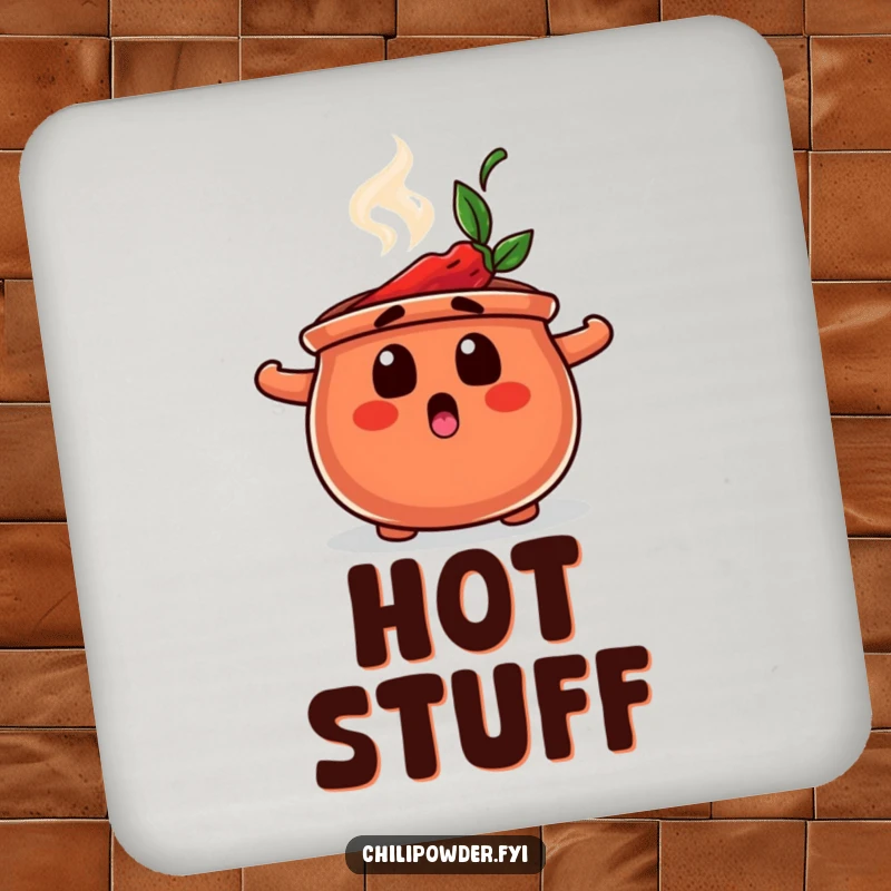 Funny drink coaster featuring a chili powder pot character looking surprised with steam, adding a humorous element to drink protection.