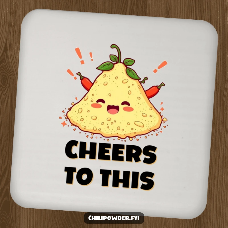 Funny drink coaster featuring a pile of chili powder characters cheering with exclamation marks, adding a humorous and protective element.