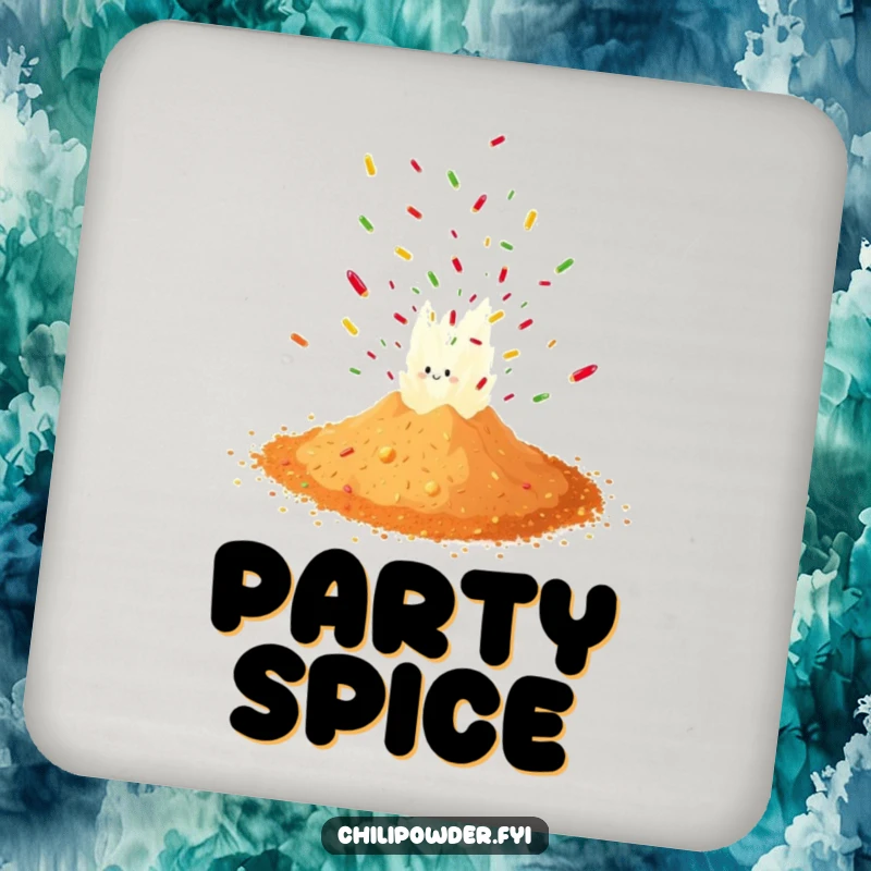 Funny chili powder exploding in a confetti pattern on a coaster, offering surface protection with a spicy, humorous design.