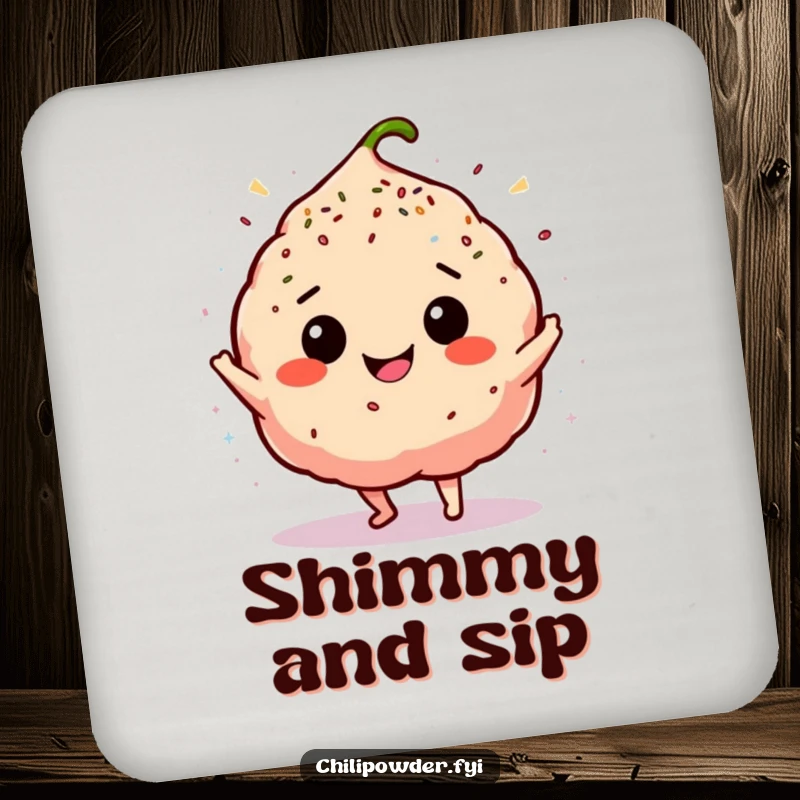 Funny chili powder puff doing a silly happy dance with sprinkles, featured on a drink coaster.