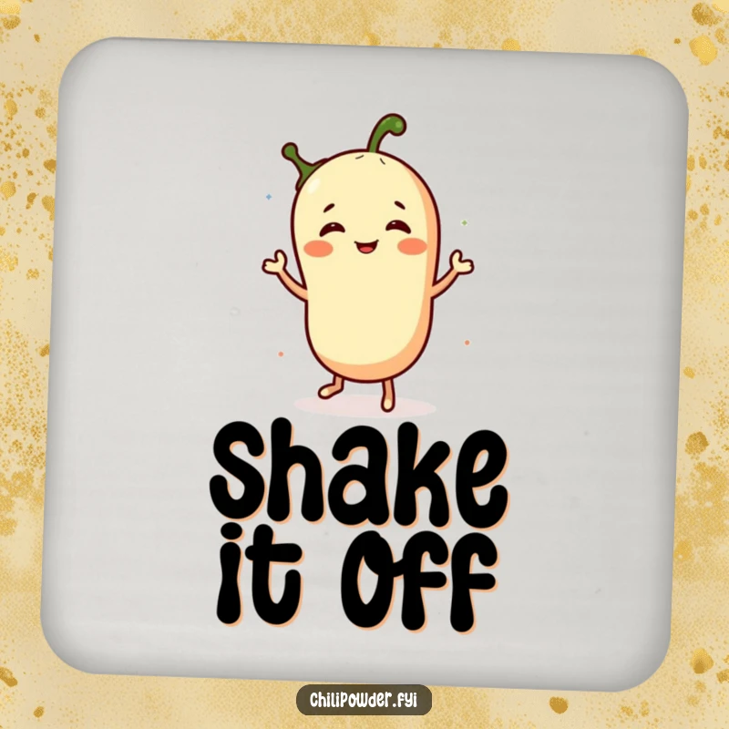 Funny drink coaster featuring a chili powder character doing a jig, adding a humorous and protective element to any surface.