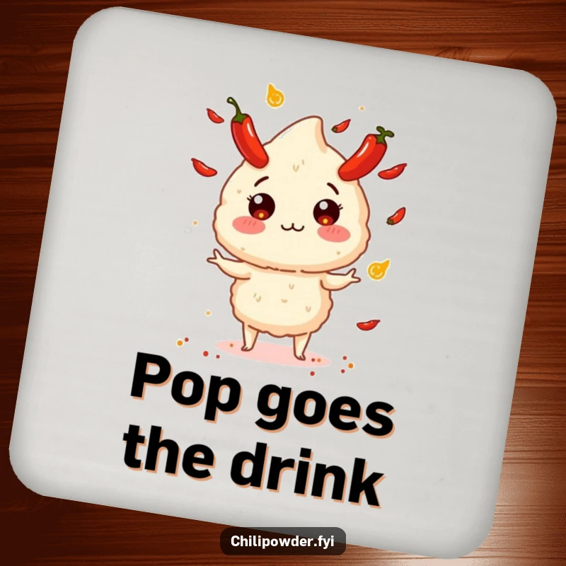 Funny chili powder puff juggling tiny exploding peppers, featured on a drink coaster for explosive table protection.