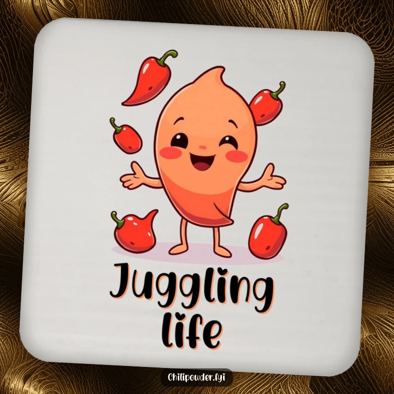 Funny Chili Powder Juggling Coaster: A cheerful chili powder character juggling peppers, designed to add humor to drink protection.