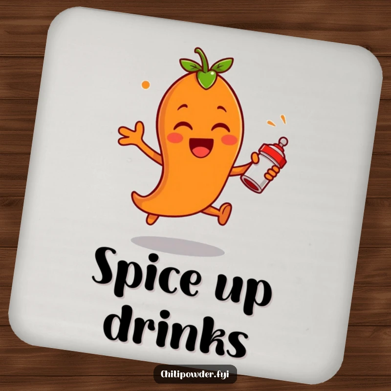 Funny chili powder character leaping with excitement, shaking a tiny spice shaker on a drink coaster, providing surface protection with a spicy touch.