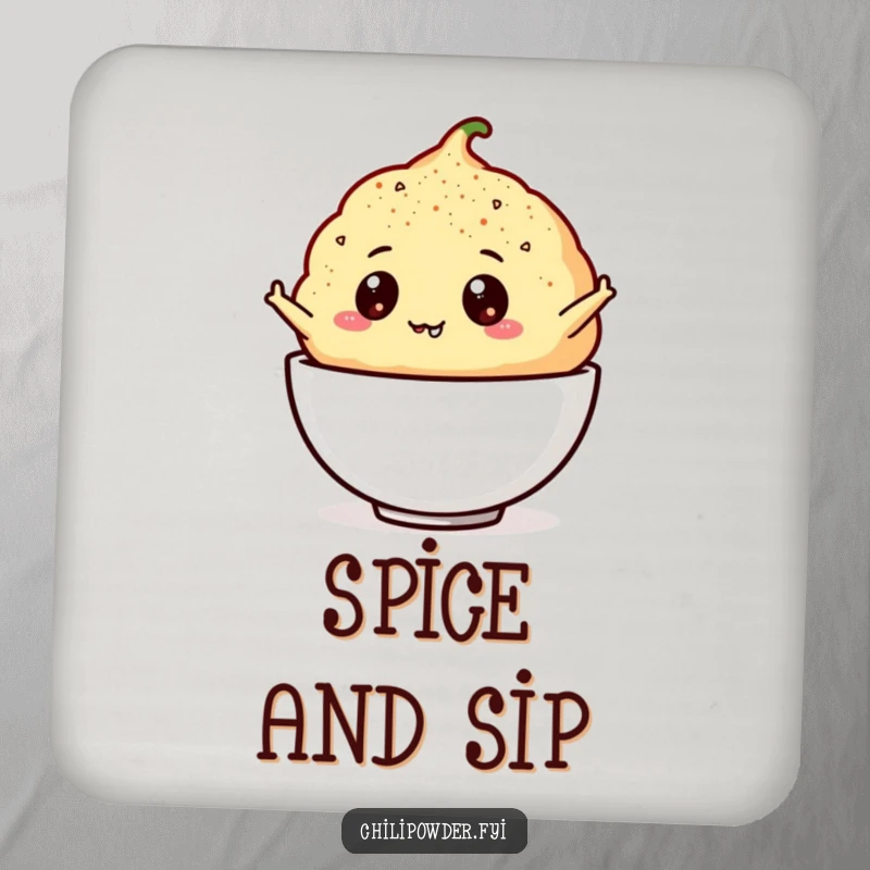 Funny chili powder puff with googly eyes leaping design on a drink coaster, adding a humorous accent.