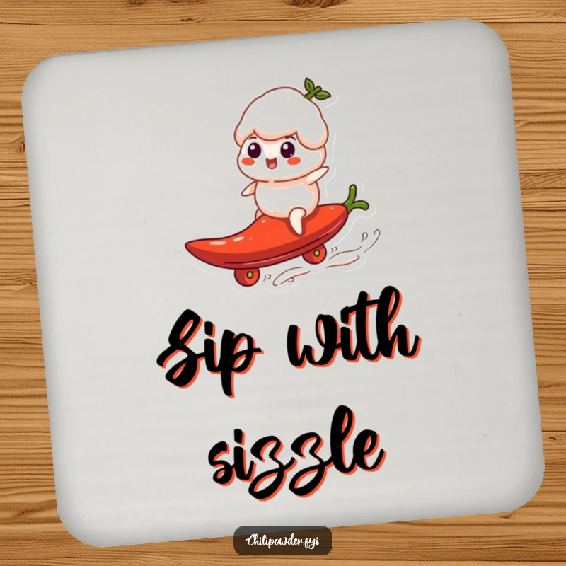 Funny chili powder puff surfing a pepper, depicted on a drink coaster to add humor to any tabletop.
