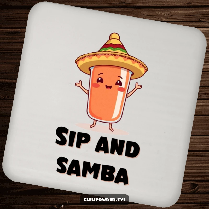 Funny chili powder container with sombrero dancing samba on a drink coaster, adding festive charm.