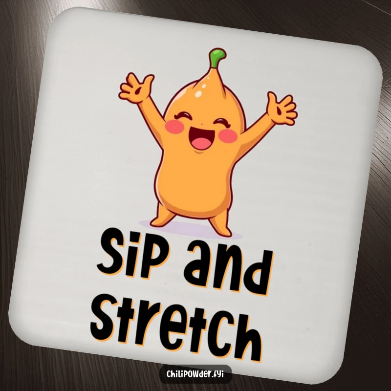 Funny Coaster: A cute chili powder character performs an exaggerated stretch, adding humorous morning vibes to any surface.