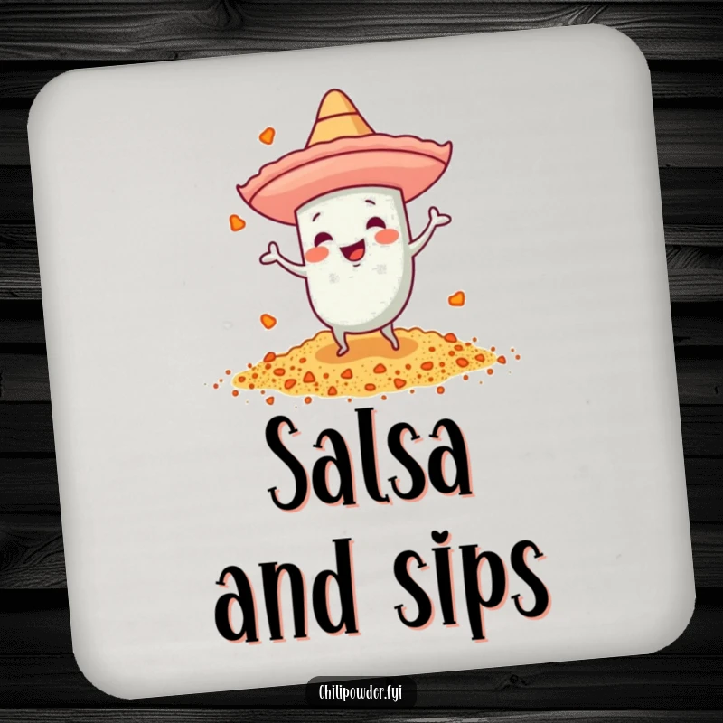 Funny chili powder coasters with a tiny sombrero, dancing energetically, perfect for festive table protection.