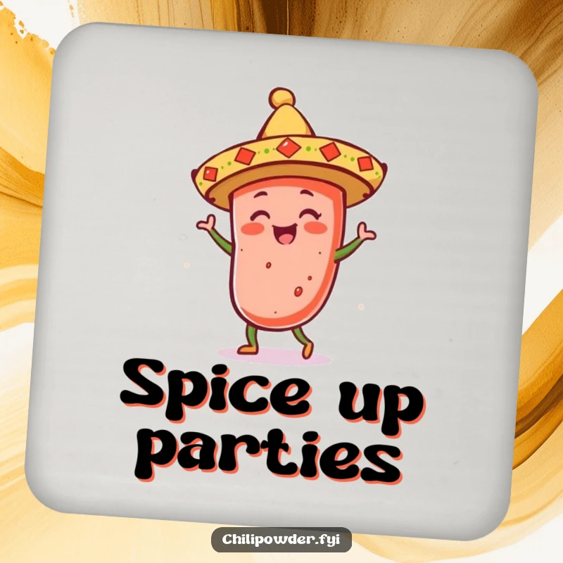 Funny kawaii chili powder with a sombrero dancing merrily, protecting surfaces with spicy fiesta charm.