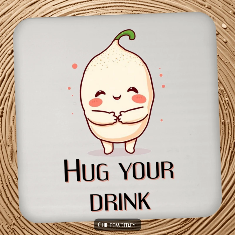 Funny Kawaii Chili Hug Coaster: A cute chili character giving a warm hug, perfect for protecting surfaces with spice.