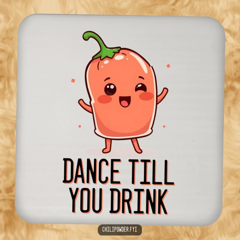 Funny Kawaii chili powder pouch doing a happy shimmy dance, a humorous and protective drink coaster.