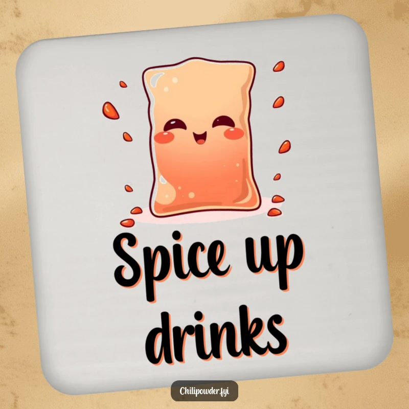 Funny Kawaii chili powder pouch winking slyly while juggling tiny pepper flakes, a humorous and protective drink coaster.