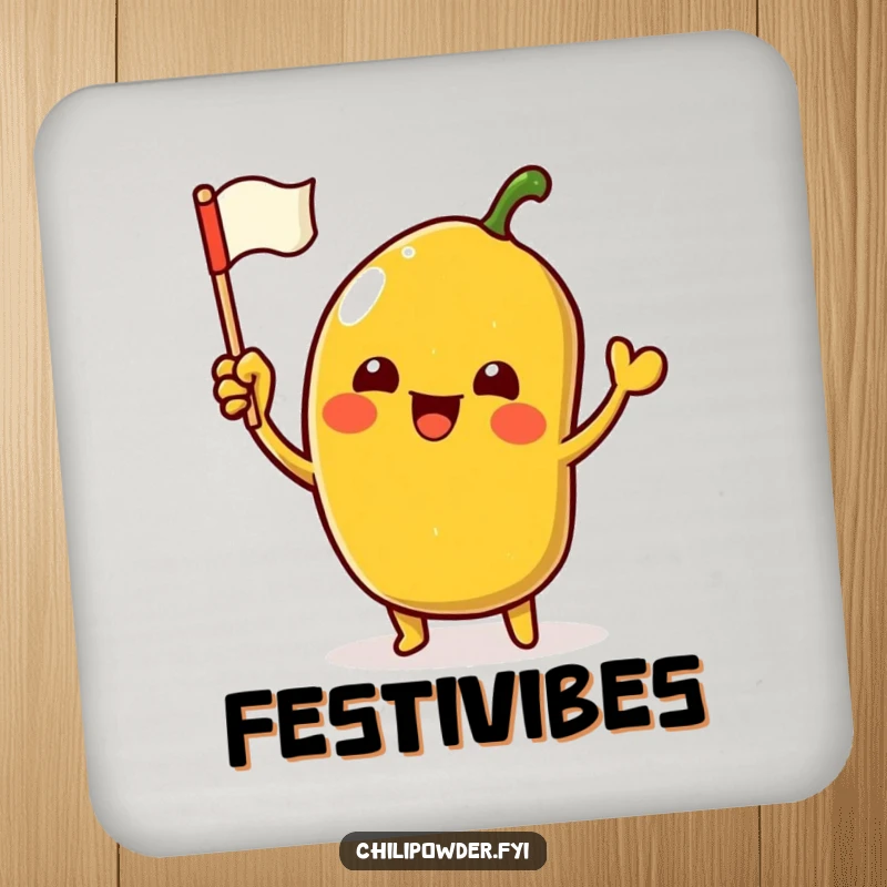 Funny Drink Coasters featuring an excited kawaii chili powder character waving a miniature flag, offering humorous protection.