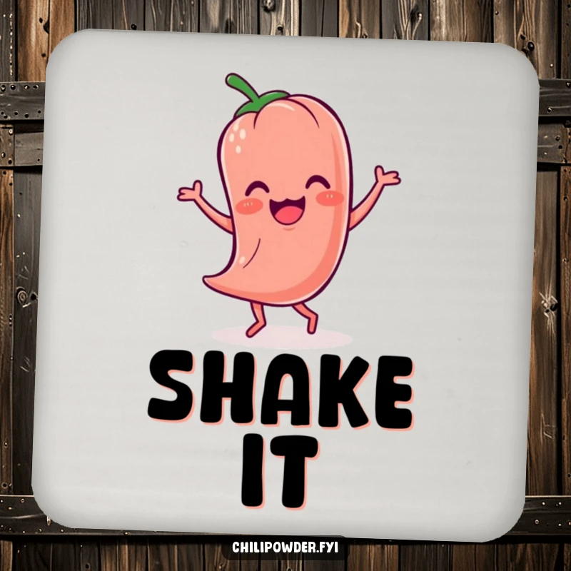 Funny Kawaii chili powder character in a jig motion on a drink coaster, adding humor to surfaces.