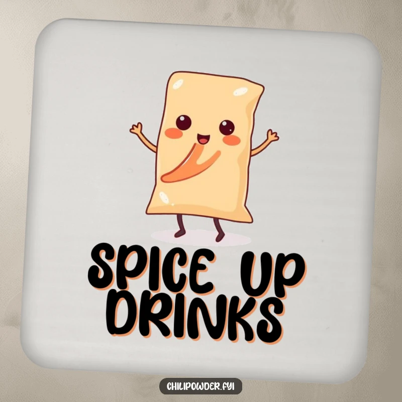 Funny Kawaii chili powder bag with tiny legs dancing salsa on a protective drink coaster, adding spicy flair.