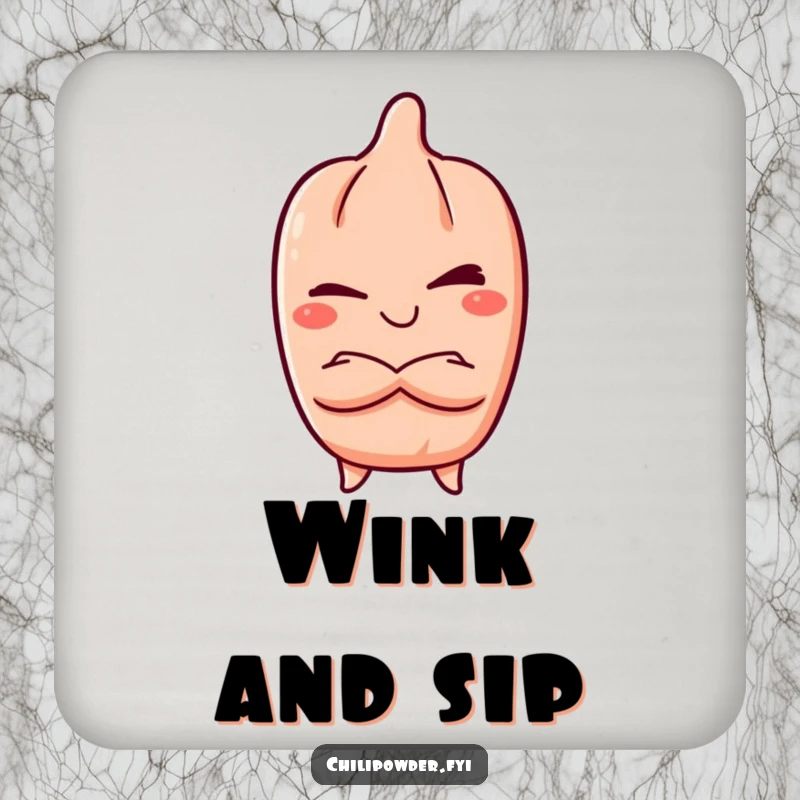 Funny Coaster: Kawaii chili powder character winking slyly, arms crossed, protecting surfaces with a humorous and charming design, a great gift.
