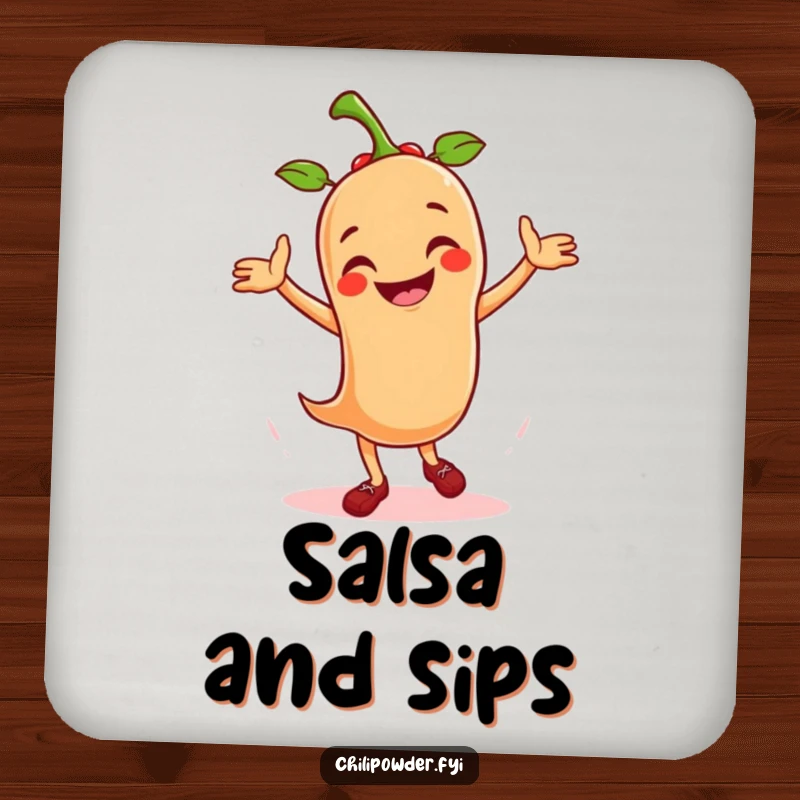 Funny drink coaster with a smiling chili powder character performing a lively salsa dance, adding spice to table settings.