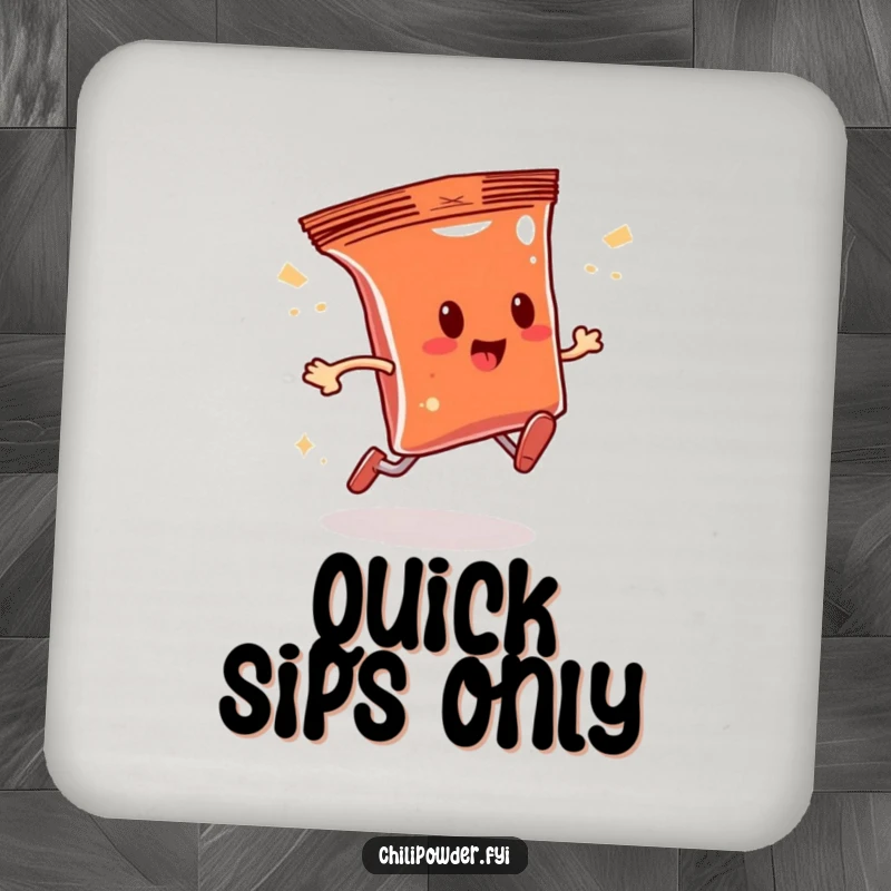 Funny chili powder bag character running with a sparkly trail, depicted on a drink coaster, adding humor to tabletops.