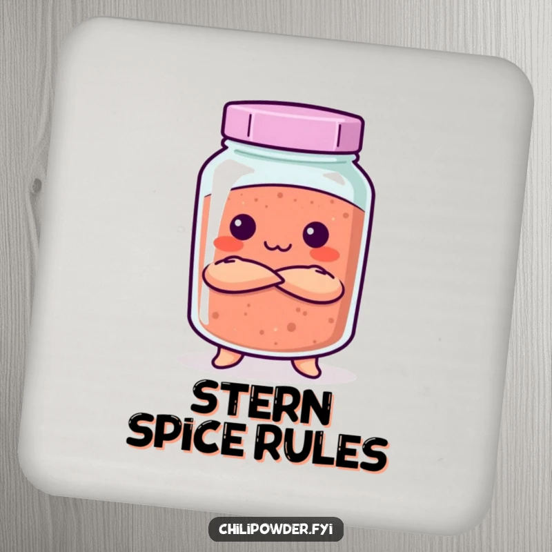 Funny Kawaii chili powder jar with crossed arms and a stern look on a drink coaster, ensuring tidy surfaces.