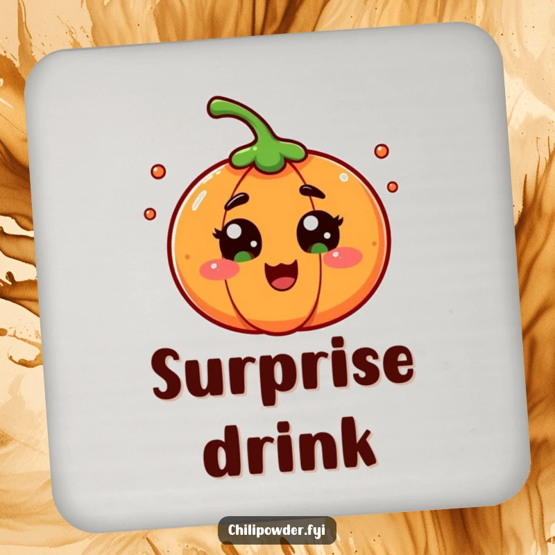 A chili powder character with eyes wide in playful surprise, depicted on a coaster that adds humorous expression and protects surfaces.