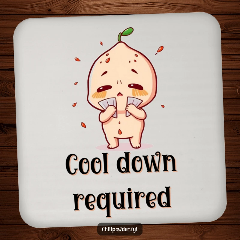 Funny chili powder coasters with a character sweating profusely and fanning itself dramatically, perfect for table protection.