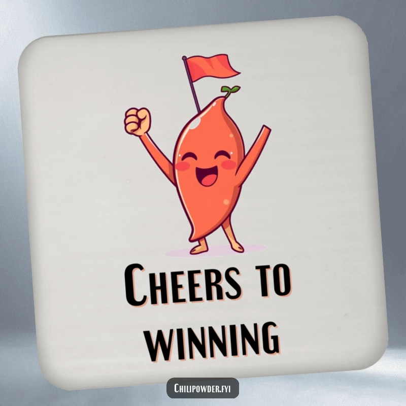 Funny chili powder coasters with a triumphant character, raised arms, and a tiny flag, perfect for table protection.