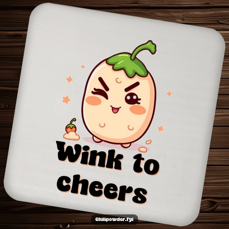 Funny kawaii chili powder winking with a mischievous grin, protecting surfaces with playful, spicy style.