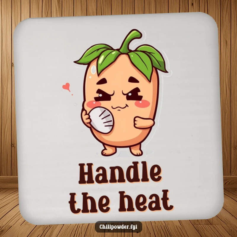 Funny chili powder character with a happy grimace, fanning its face on a drink coaster, providing surface protection with a humorous spicy theme.