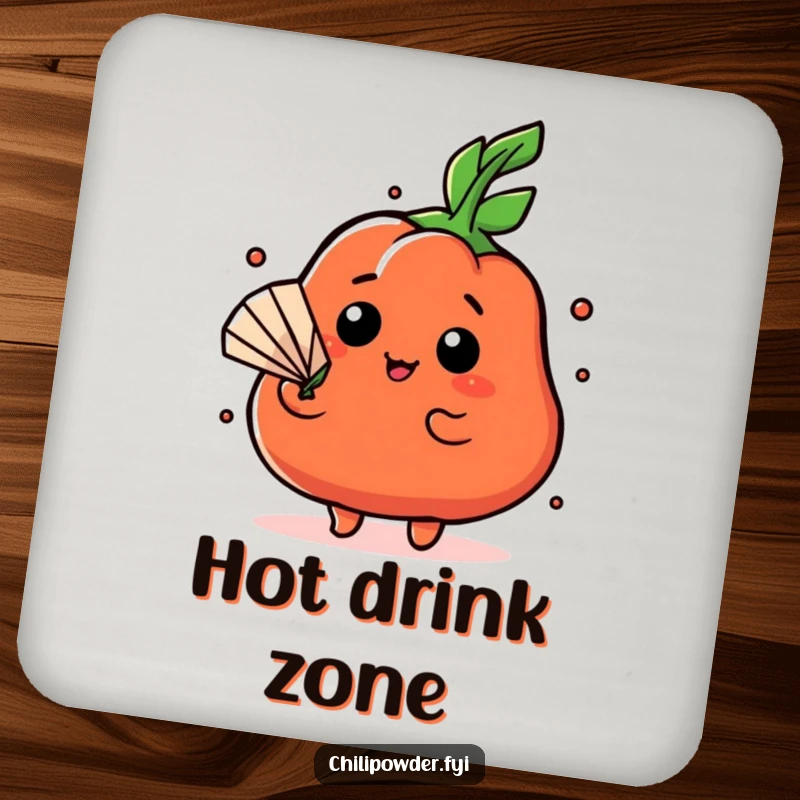 Funny Kawaii chili powder character fanning itself dramatically with a leaf on a drink coaster, protecting surfaces with flair.