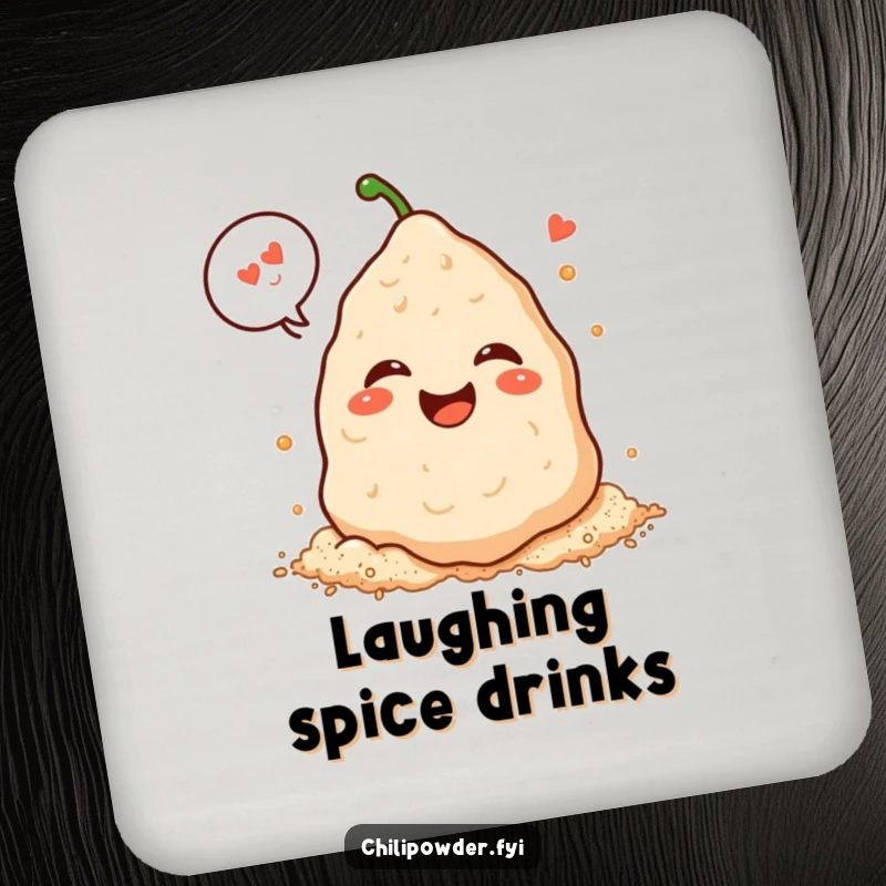 Funny Kawaii chili powder pile laughing heartily with a speech bubble on a drink coaster, adding playful cheer.